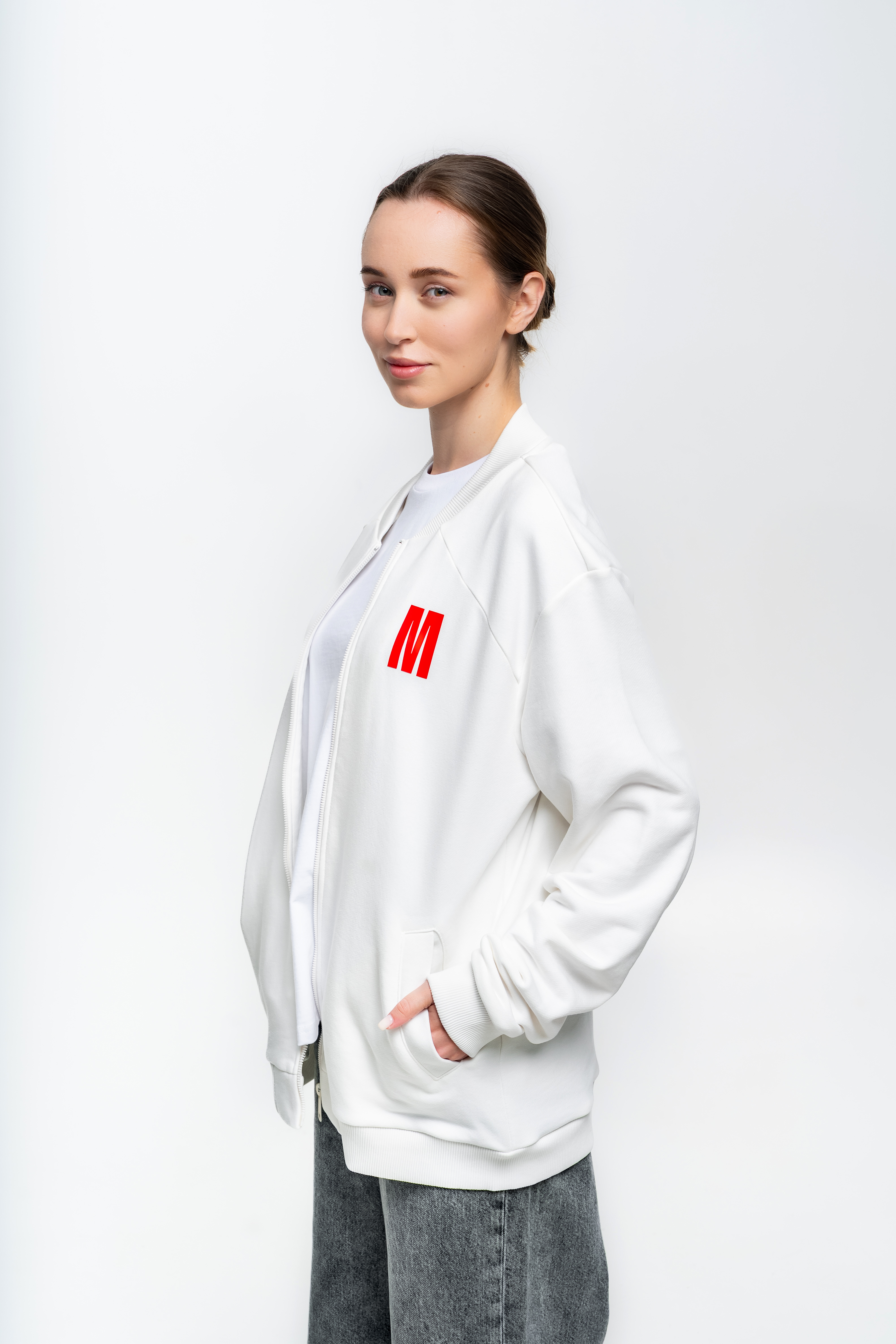 Белая толстовка на молнии без капюшона - Изображение 8