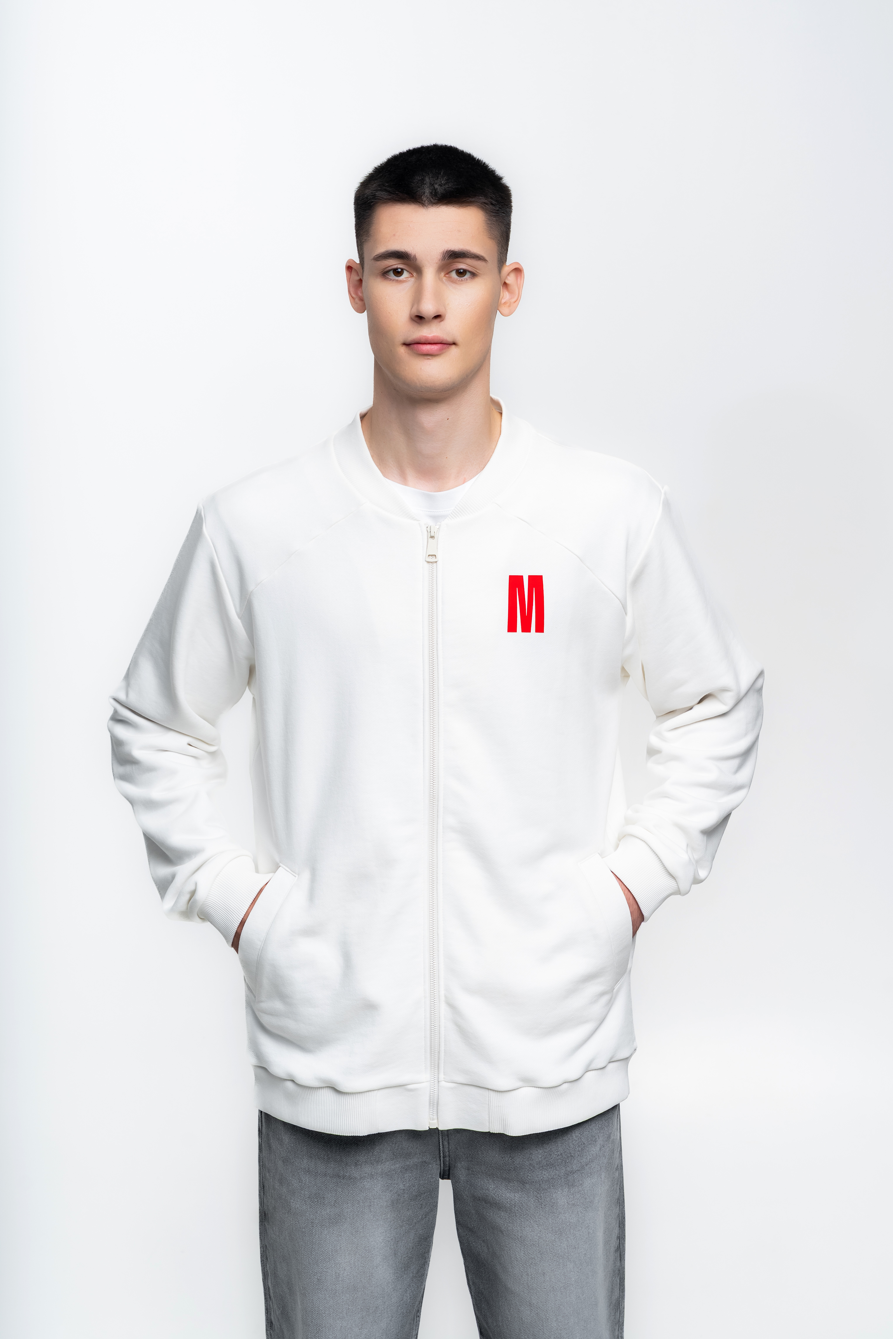 Белая толстовка на молнии без капюшона - Изображение 2